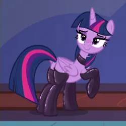 Size: 251x251 | Tagged: suggestive, edit, edited screencap, editor:anonymous, screencap, twilight sparkle, twilight sparkle (alicorn), alicorn, pony, bedroom eyes, blushing, butt, choker, clothes, clothes edit, evening gloves, female, gloves, image, latex, latex gloves, latex stockings, long gloves, looking at you, looking back, looking back at you, mare, multicolored mane, multicolored tail, plot, png, purple coat, purple eyes, raised hoof, scrunchy face, show accurate, side view, smiling, socks, solo, solo female, stockings, thigh highs