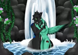 Size: 8500x6000 | Tagged: safe, derpibooru import, oc, oc:404, oc:ginny, alicorn, anthro, changeling, image, love, png, waterfall