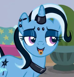 Size: 625x651 | Tagged: safe, anonymous editor, edit, edited screencap, screencap, trixie, pony, unicorn, a horse shoe-in, choker, cropped, dyed mane, ear piercing, emo, eyebrow piercing, female, horn, horn ring, image, lidded eyes, lipstick, mare, mascara, piercing, png, ring, solo, tongue piercing