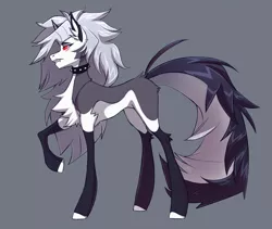 Size: 1280x1081 | Tagged: safe, artist:1an1, derpibooru import, ponified, earth pony, pony, blank flank, chest fluff, collar, crossover, ear fluff, fangs, female, gray background, grey hair, helluva boss, image, jpeg, long hair, looking back, loona (helluva boss), mane, raised leg, red sclera, side view, simple background, solo, spiked collar, tail, teeth, white eyes