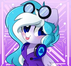 Size: 1440x1337 | Tagged: safe, artist:kittyrosie, derpibooru import, oc, oc:skydrive, unofficial characters only, pegasus, pony, blushing, clothes, goggles, headphones, headset, hoodie, image, jpeg, looking at you, raspberry, smiling, solo, tongue out