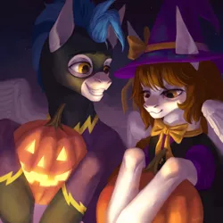Size: 1280x1280 | Tagged: safe, artist:inarimayer, derpibooru import, oc, unofficial characters only, pegasus, pony, bust, clothes, costume, duo, female, grin, halloween, holiday, image, jack-o-lantern, jpeg, male, mare, pegasus oc, pumpkin, shadowbolts costume, smiling, stallion, wings, witch