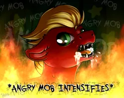Size: 3315x2630 | Tagged: safe, artist:julunis14, ponybooru import, sprout cloverleaf, ponified, dog, earth pony, pony, my little pony: a new generation, angry, angry mob, behaving like a dog, ear fluff, ears, fangs, fire, floppy ears, foaming at the mouth, g5, green eyes, high res, image, male, meme, open mouth, png, ponified meme, rabies, solo, stallion, text, x intensifies
