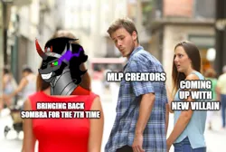 Size: 851x571 | Tagged: safe, derpibooru import, king sombra, human, pony, unicorn, spoiler:g5, distracted boyfriend meme, female, g5, image, male, meme, png, solo, spoiler