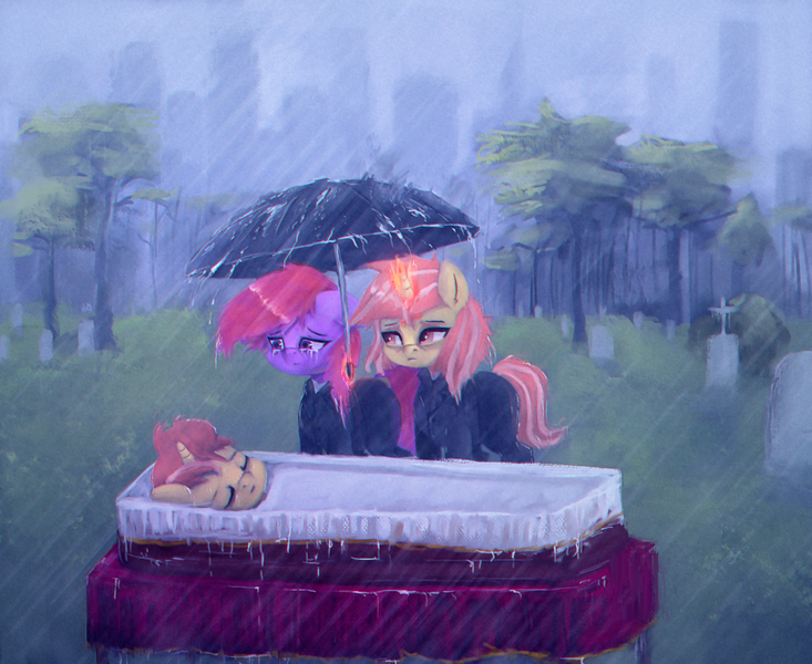 Size: 2000x1638 | Tagged: semi-grimdark, artist:menalia, derpibooru import, oc, oc:saveli, oc:velly, oc:violencia, unofficial characters only, earth pony, pony, unicorn, blanket, city, clothes, coffin, corpse, crying, dead, female, funeral, gravestone, horn, image, magic, magic aura, male, mare, pants, png, rain, sad, shirt, stallion, suit, tree, umbrella