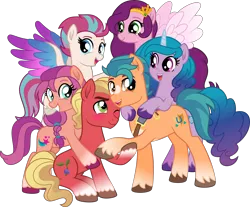 Size: 4830x4000 | Tagged: safe, artist:limedazzle, derpibooru import, hitch trailblazer, izzy moonbow, pipp petals, sprout cloverleaf, sunny starscout, zipp storm, earth pony, pegasus, pony, unicorn, my little pony: a new generation, best friends, blushing, cute, female, g5, g5 to g4, group hug, holding hooves, hug, image, looking at each other, looking at someone, male, mare, new mane six (g5), png, siblings, simple background, sisters, sproutbetes, stallion, transparent background