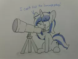 Size: 4128x3096 | Tagged: safe, artist:cherro, derpibooru import, oc, oc:ethereal trails, unofficial characters only, pony, unicorn, dialogue, image, jpeg, solo, telescope, traditional art