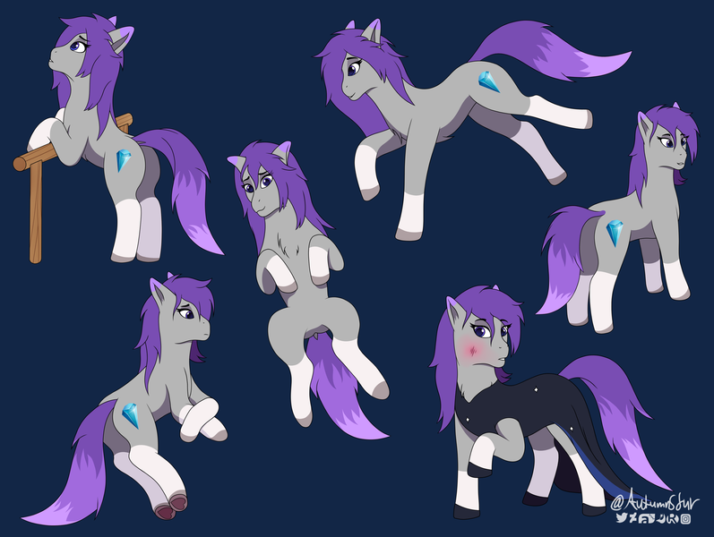 Size: 3085x2322 | Tagged: safe, artist:autumnsfur, artist:autumnsfurart, derpibooru import, oc, oc:glitter stone, unofficial characters only, earth pony, pony, my little pony: a new generation, blue eyes, blushing, clothes, cutie mark, diamond, digital art, dress, female, g5, hooves, hooves to the chest, image, lying down, mare, on back, png, purple mane, resting, simple background, spread hooves, trotting