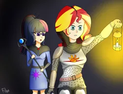 Size: 3080x2381 | Tagged: safe, artist:film77asq, derpibooru import, sci-twi, sunset shimmer, twilight sparkle, human, equestria girls, armor, clothes, duo, female, human coloration, humanized, image, lamp, png