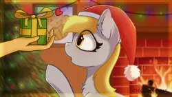 Size: 7111x4000 | Tagged: safe, artist:d3f4ult_4rt1st, derpibooru import, derpy hooves, human, pony, blushing, chest fluff, christmas, christmas lights, christmas tree, ear fluff, fireplace, food, hand, hat, heart, holiday, image, muffin, painting, picture, png, present, santa hat, tree