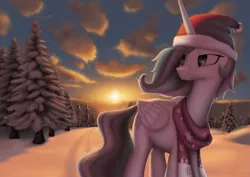 Size: 1955x1384 | Tagged: safe, artist:suhar, derpibooru import, princess celestia, alicorn, pony, christmas, christmas tree, clothes, cloud, female, forest, hat, holiday, horn, image, mare, png, santa hat, scarf, sky, snow, solo, sun, sunrise, tail, tree, wings, winter
