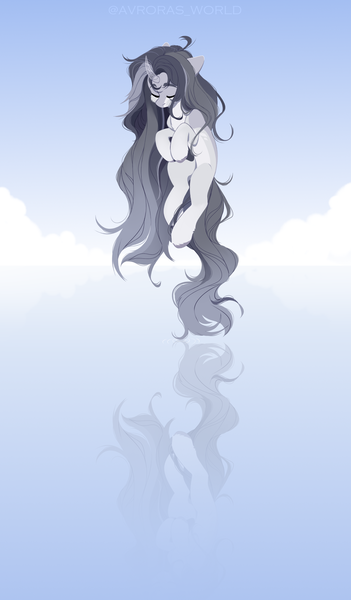 Size: 2400x4100 | Tagged: safe, artist:avroras_world, derpibooru import, oc, unofficial characters only, pony, unicorn, cloud, eyes closed, horn, image, long hair, long mane, long tail, male, png, reflection, simple background, sky, solo, solo male, stallion, tail, unicorn oc, water