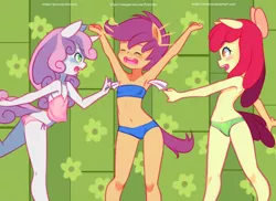 Size: 1584x1152 | Tagged: suggestive, alternate version, artist:drantyno, banned from derpibooru, apple bloom, scootaloo, sweetie belle, equestria girls, abstract background, armpits, belly button, blue underwear, blushing, bra, breasts, camisole, child, clothes, cutie mark crusaders, delicious flat chest, eyes closed, feather, female, flatie belle, flattle bloom, green underwear, image, laughing, lolicon, midriff, nudity, open mouth, panties, partial nudity, pink underwear, png, ponied up, raised leg, scootaflat, smiling, tanktop, tickling, topless, underage, underwear