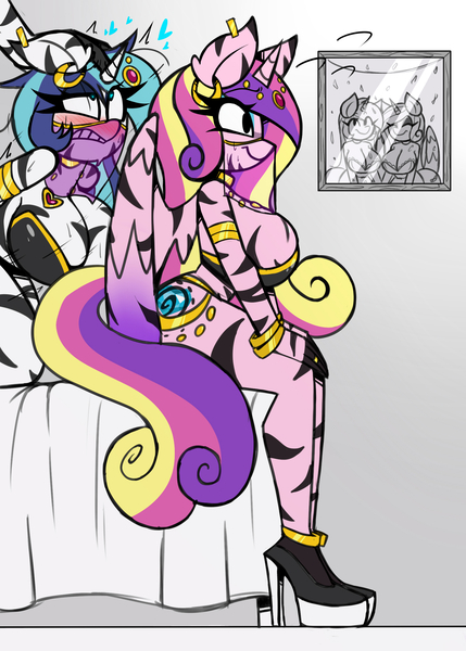 Size: 1697x2372 | Tagged: questionable, artist:nelljoestar, derpibooru import, princess cadance, shining armor, alicorn, anthro, unicorn, zebra, bodypaint, breasts, busty gleaming shield, cuckolding, derpibooru exclusive, female, femsub, gleaming cadance, gleaming shield, gleamingsub, half r63 shipping, image, jpeg, lesbian, male, orientation play, rule 63, shiningcadance, shiningsub, shipping, straight, submissive, zebradom