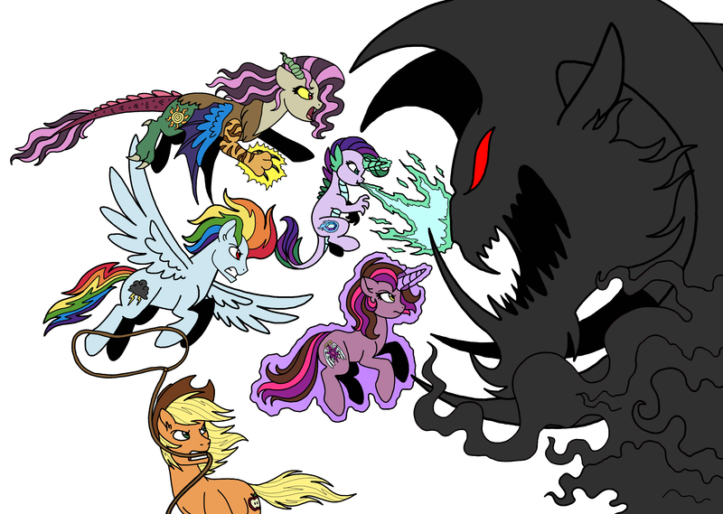 Size: 2670x1899 | Tagged: safe, artist:melspyrose, derpibooru import, oc, oc:crystal gem, oc:johnny appleseed, oc:mirage, oc:tempest bolt, oc:violet harmony, draconequus, dracony, dragon, earth pony, ghost, hybrid, pegasus, pony, undead, unicorn, age of equestria, fight, g1, grogar (g1), image, interspecies offspring, offspring, parent:applejack, parent:caramel, parent:discord, parent:fluttershy, parent:oc:couragous heart, parent:rainbow dash, parent:rarity, parent:soarin', parent:spike, parent:twilight sparkle, parents:canon x oc, parents:carajack, parents:discoshy, parents:soarindash, parents:sparity, png