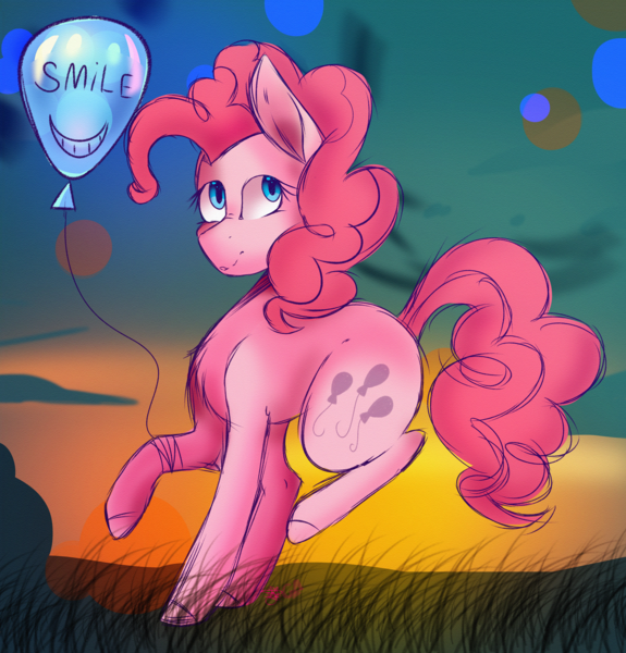 Size: 4737x4942 | Tagged: safe, artist:doux-ameri, artist:greenmarta, derpibooru import, pinkie pie, earth pony, pony, balloon, collaboration, female, grass, image, png, solo