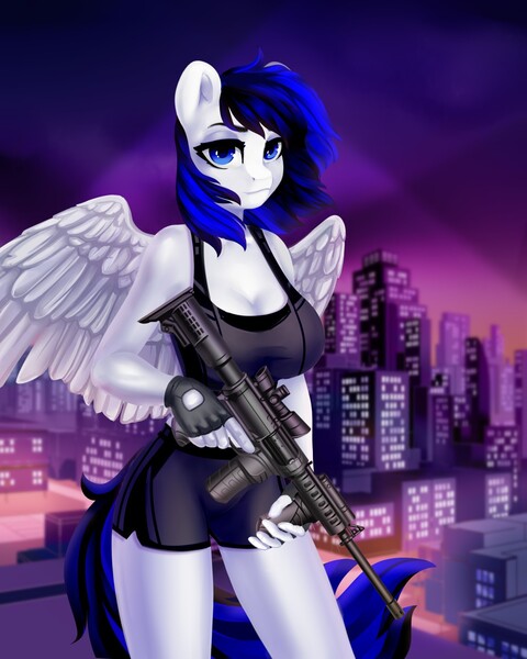 Size: 1024x1280 | Tagged: oc name needed, safe, alternate version, artist:shooshaa, derpibooru import, oc, unofficial characters only, anthro, pegasus, big breasts, breasts, city, cityscape, cleavage, clothes, commission, female, fingerless gloves, gloves, gun, image, jpeg, rifle, rooftop, shorts, solo, tanktop, twilight (astronomy), weapon