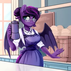 Size: 4000x4000 | Tagged: oc name needed, safe, artist:shooshaa, derpibooru import, oc, unofficial characters only, anthro, bat pony, absurd resolution, apron, barista, bat pony oc, bat wings, clothes, coffee pot, commission, female, glasses, image, png, shirt, solo, wings