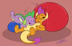 Size: 3452x2237 | Tagged: safe, artist:rupertbluefox, derpibooru import, smolder, spike, dragon, belly pillow, cute, dragons day, duo, female, floor pillow, head on tummy, image, lying down, male, on back, on stomach, onomatopoeia, pillow, png, prone, shipping, shipping fuel, sleeping, smolderbetes, snoring, sound effects, spikabetes, spolder, stomach, straight, sweet dreams fuel, underbelly, winged spike, wings, zzz