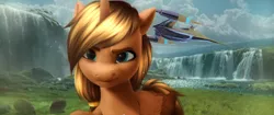 Size: 1920x804 | Tagged: safe, derpibooru import, oc, oc:royale royce, unofficial characters only, alicorn, 3d, alicorn oc, derpibooru exclusive, horn, image, male alicorn, n1 starfighter, naboo, png, waterfall, wings