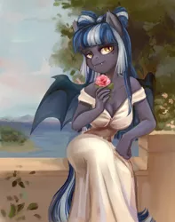 Size: 3000x3807 | Tagged: safe, artist:shooshaa, derpibooru import, oc, oc:midnight rush, unofficial characters only, anthro, bat pony, bat pony oc, bat wings, beautiful, beauty mark, breasts, cleavage, clothes, complex background, dress, elegant, fangs, female, flower, image, lidded eyes, png, sitting, solo, wings