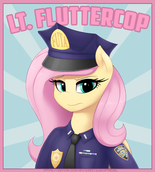 Size: 1000x1107 | Tagged: safe, artist:augustbebel, derpibooru import, fluttershy, pegasus, semi-anthro, bust, clothes, fluttercop, hat, image, necktie, png, police, police hat, police pony, police uniform, portrait, solo, uniform