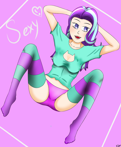 Size: 2050x2500 | Tagged: suggestive, artist:film77asq, derpibooru import, starlight glimmer, human, equestria girls, arm behind head, boob window, breasts, cleavage, clothes, female, human coloration, humanized, image, lying down, on back, png, socks, solo, solo female, underwear