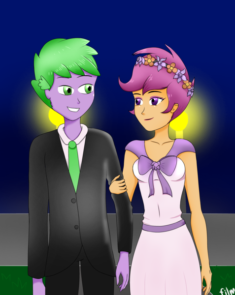 Size: 2192x2760 | Tagged: safe, artist:film77asq, derpibooru import, scootaloo, spike, human, clothes, dress, duo, female, floral head wreath, flower, humanized, image, male, png, scootaspike, shipping, straight, suit