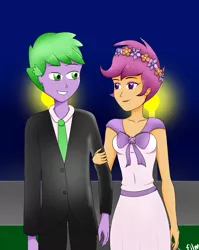 Size: 2192x2760 | Tagged: safe, artist:film77asq, derpibooru import, scootaloo, spike, human, clothes, dress, duo, female, floral head wreath, flower, humanized, image, male, png, scootaspike, shipping, straight, suit