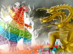 Size: 2732x2048 | Tagged: safe, artist:lordshrekzilla20, derpibooru import, spike, kaiju, fanfic:the one true king, burning, burning godzilla, burning rainbow godzilla, crystal empire, crystal heart, fanfic art, godzilla, godzilla (series), harmony godzilla, image, jpeg, king ghidorah, melting, rainbow, singed, statue, steam, story included