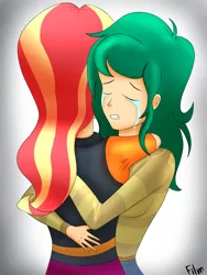 Size: 2104x2800 | Tagged: safe, artist:film77asq, derpibooru import, sunset shimmer, wallflower blush, human, equestria girls, clothes, crying, duo, eyes closed, female, hug, human coloration, humanized, image, png, sad