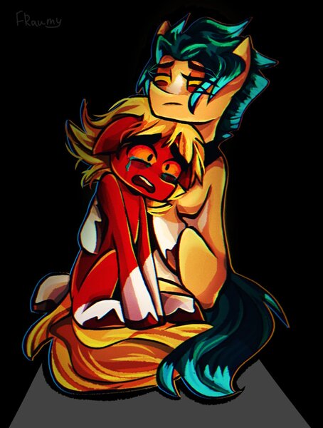 Size: 1135x1500 | Tagged: safe, artist:fraumflug, derpibooru import, hitch trailblazer, sprout cloverleaf, earth pony, pony, my little pony: a new generation, best friends, best friends until the end of time, black background, caring, crying, depressed, duo, g5, gay, hitchsprout, hug, image, jpeg, male, sad, shipping, simple background, sproutbetes, stallion