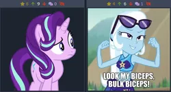 Size: 520x279 | Tagged: safe, derpibooru import, edit, edited screencap, screencap, starlight glimmer, trixie, pony, unicorn, derpibooru, twibooru, equestria girls, equestria girls series, forgotten friendship, season 8, the parent map, spoiler:s08, biceps, caption, female, image, image macro, implied bulk biceps, juxtaposition, mare, meta, not a vector, png, simple background, solo, text, transparent background