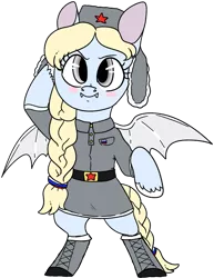 Size: 1547x2000 | Tagged: safe, artist:northernlightsone, derpibooru import, oc, oc:mishka (bat pony), unofficial characters only, bat pony, pony, bat pony oc, bat wings, belt, bipedal, blushing, boots, clothes, derpibooru exclusive, fangs, female, hat, image, mare, png, russia, shirt, shoes, simple background, skirt, solo, transparent background, unshorn fetlocks, ushanka, wings