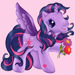 Size: 1280x1280 | Tagged: safe, artist:horse-time-babey, derpibooru import, twilight sparkle, twilight sparkle (alicorn), alicorn, pony, female, flower, flowing mane, g3, g4 to g3, generation leap, hoof heart, image, jpeg, simple background, solo, style emulation