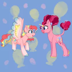 Size: 640x640 | Tagged: safe, artist:horse-time-babey, derpibooru import, pinkie pie, pegasus, pony, balloon, colored wings, duo, ear piercing, earring, excited, hair bun, image, jewelry, looking at each other, looking at someone, multicolored hair, multicolored wings, pegasus pinkie pie, piercing, png, race swap, raised tail, redesign, simple background, species swap, tail, unicorn pinkie pie, wings