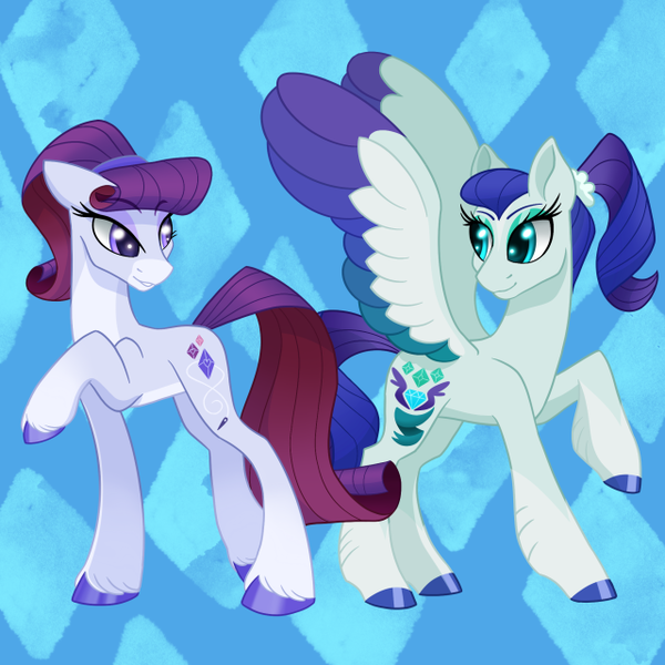 Size: 640x640 | Tagged: safe, artist:horse-time-babey, derpibooru import, rarity, pony, diamond, duo, earth pony rarity, female, image, looking at each other, looking at someone, pegasus rarity, png, ponytail, raised hoof, redesign, simple background, species swap, tiled background