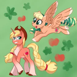 Size: 640x640 | Tagged: safe, artist:horse-time-babey, derpibooru import, applejack, pegasus, pony, braided tail, crossed hooves, duo, female, flapplejack, flying, gradient hooves, image, looking at each other, looking at someone, markings, png, race swap, redesign, simple background, species swap, tail, unicorn applejack