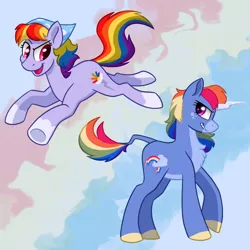 Size: 640x640 | Tagged: safe, artist:horse-time-babey, derpibooru import, rainbow dash, pony, duo, earth pony rainbow dash, female, image, jumping, looking at each other, looking at someone, png, redesign, simple background, species swap, unicorn rainbow dash