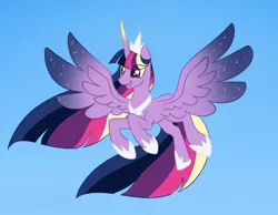 Size: 640x497 | Tagged: safe, artist:horse-time-babey, derpibooru import, twilight sparkle, twilight sparkle (alicorn), alicorn, pony, colored wings, crown, description is relevant, female, gradient horn, gradient wings, happy, hoof shoes, horn, image, jewelry, jpeg, multicolored hair, redesign, regalia, sparkles, wings