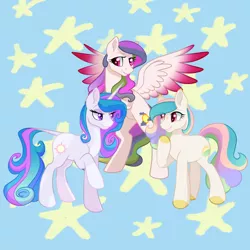 Size: 640x640 | Tagged: safe, artist:horse-time-babey, derpibooru import, princess celestia, pony, unicorn, cloven hooves, colored wings, earth pony celestia, female, gradient wings, image, looking at each other, looking at someone, pegasus celestia, png, race swap, raised hoof, rearing, simple background, stars, trio, unicorn celestia, wings