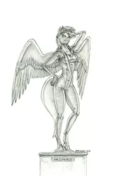 Size: 950x1372 | Tagged: suggestive, artist:baron engel, derpibooru import, rainbow dash, anthro, pegasus, bra, clothes, female, image, jpeg, monochrome, statue, underwear, uniform, wonderbolts uniform