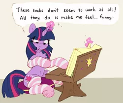 Size: 1033x864 | Tagged: safe, artist:orchidpony, derpibooru import, twilight sparkle, pony, unicorn, belly button, book, book stand, chest fluff, clothes, dialogue, explicit source, female, image, jpeg, mare, socks, solo, solo female, striped socks