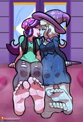 Size: 1457x2137 | Tagged: suggestive, artist:reathroch, derpibooru import, starlight glimmer, trixie, human, equestria girls, barefoot, breasts, clothes, duo, feet, female, fetish, foot fetish, french kiss, image, kissing, lesbian, png, soles, sweat, sweaty feet, toes