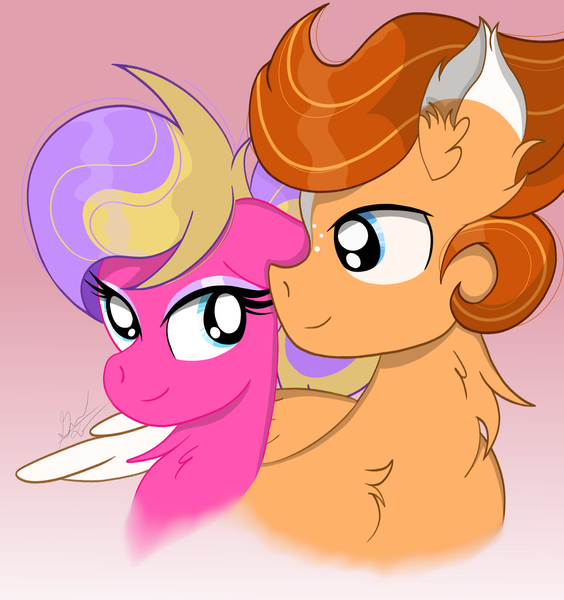 Size: 3270x3480 | Tagged: safe, derpibooru import, oc, oc:adustioflare, oc:skywatcher, unofficial characters only, pegasus, pony, birb, chest fluff, couple, ear fluff, female, image, looking at each other, looking at someone, male, mare, oc x oc, png, ship, shipping, simple background, skywatcherxadustioflare, stallion