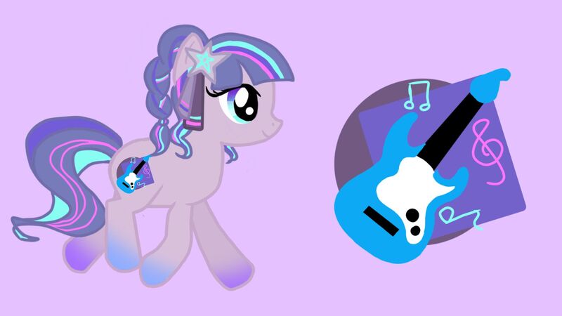 Size: 1920x1080 | Tagged: safe, derpibooru import, oc, oc:melody heart, earth pony, pony, cute, cutie mark, ear piercing, earring, female, full body, guitar, hooves, image, jewelry, jpeg, mare, monochrome, multicolored hair, multicolored mane, music notes, musical instrument, piercing, ponytail, simple background, solo, solo female, tail