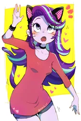 Size: 2144x3200 | Tagged: dead source, safe, artist:fuyugi, artist:nendo, derpibooru import, ponerpics import, starlight glimmer, cat, equestria girls, abstract background, blushing, breasts, cat ears, cat tail, catgirl, choker, cute, cute little fangs, eye clipping through hair, eyebrows, fangs, female, g4, glimmerbetes, high res, image, kemonomimi, looking up, neko, open mouth, png, small breasts, solo, tail, whiskers