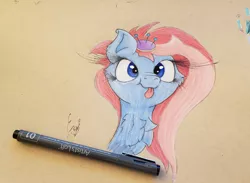Size: 1709x1253 | Tagged: safe, artist:engi, derpibooru import, kerfuffle, pegasus, pony, :p, chest fluff, colored pencil drawing, cute, eyelashes, female, happy, image, looking at you, pencil, photo, pincushion, png, simple background, solo, solo female, tongue out, traditional art