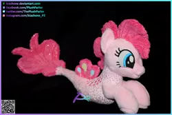 Size: 1095x730 | Tagged: safe, artist:kiashone, derpibooru import, pinkie pie, seapony (g4), black background, image, jpeg, plushie, qr code, seaponified, seapony pinkie pie, simple background, species swap, text