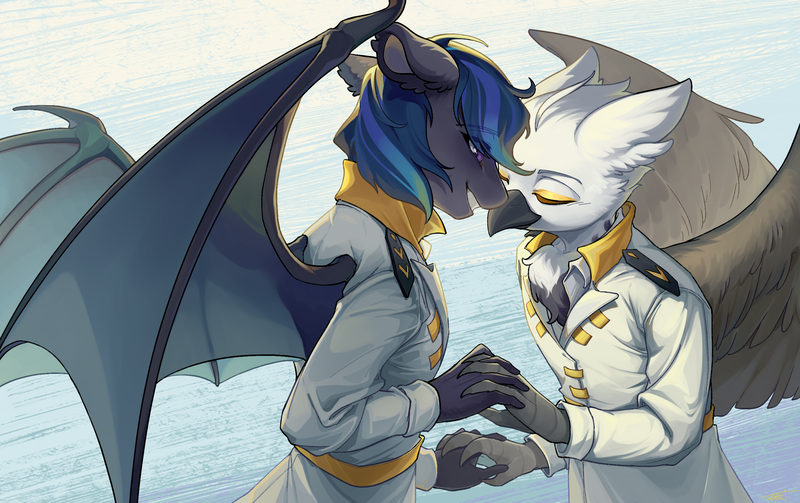 Size: 2530x1590 | Tagged: safe, artist:莫衡, derpibooru import, oc, oc:nocturne star, oc:tristan alastair, unofficial characters only, anthro, bat pony, gryphon, pony, beak, blue hair, blue mane, chest fluff, claws, clothes, couple, duo, gay, gray coat, grey fur, griffon oc, half body, hand, holding hands, image, love, male, military uniform, oc x oc, peaceful, png, purple eyes, shipping, smiling, smirk, spread wings, suit, uniform, wallpaper, white coat, white fur, white shirt, wings